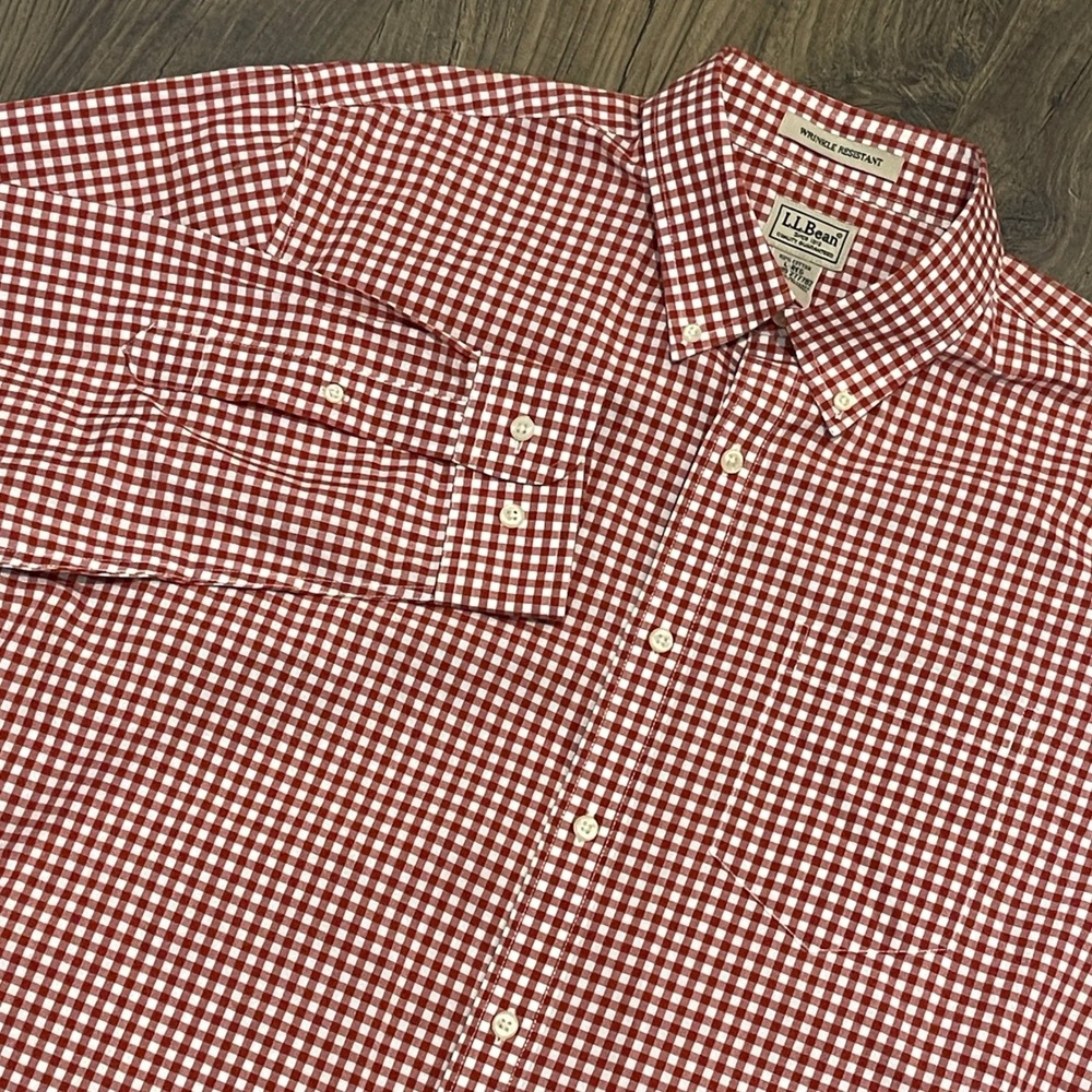 LL Bean Mens Red Gingham Wrinkle Resistant Cotton Button Down Shirt Large L-REG